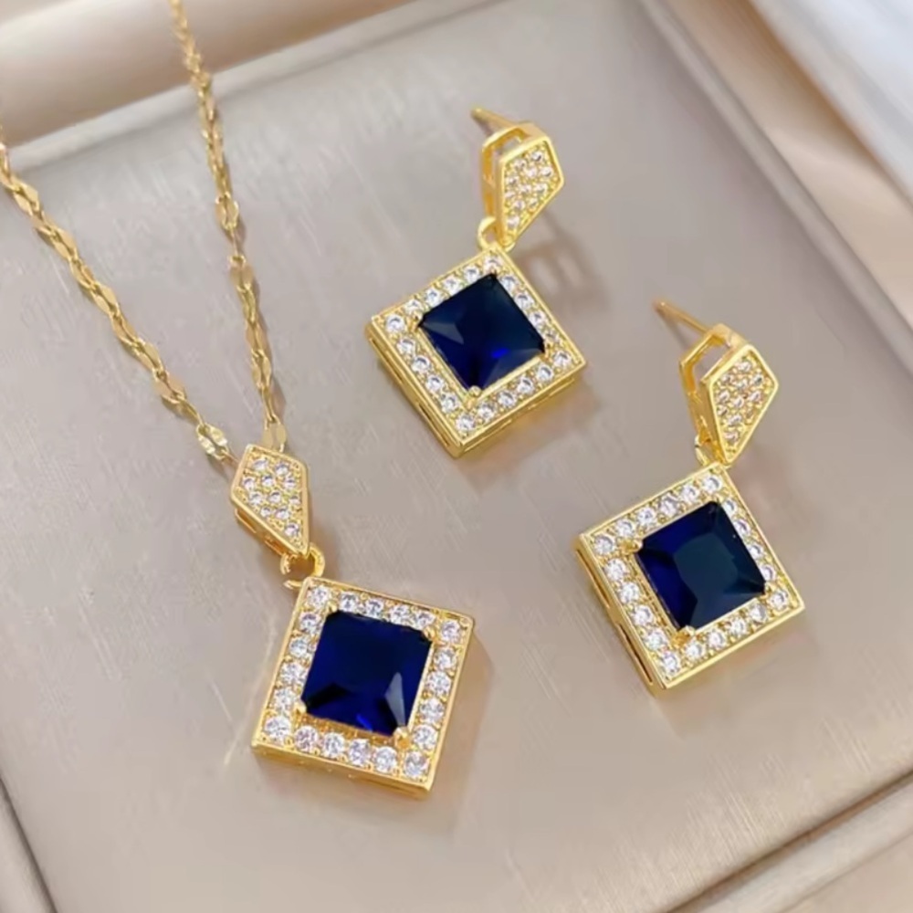 Set! 18K gold plated Luxury Blue Crystal SetGold Necklace Earrings Evening Style
